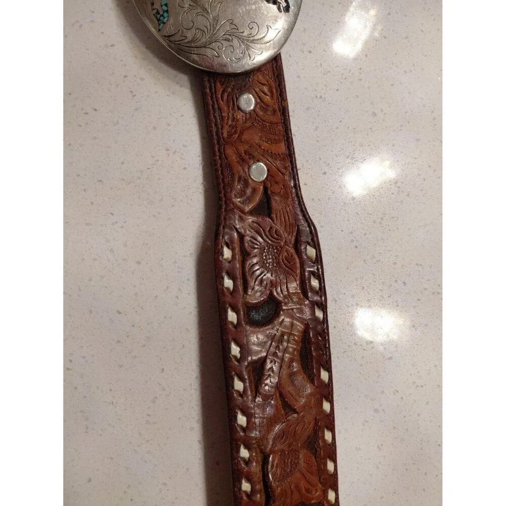 Elk Belt Buckle Turquoise 4”x3”x1.75 Belt Oval with Carved Leather Belt